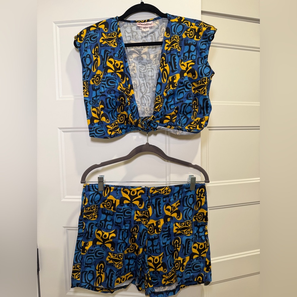 Dixiefried pin up tiki Blue and Yellow Patterned Two-Piece Set
